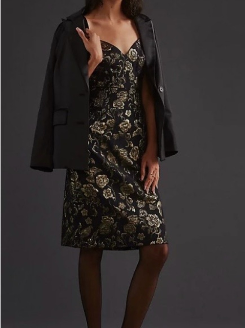 ANTHROPOLOGIE MAEVE, Black and Gold Floral Midi Dress, Size 4